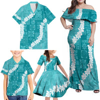 Hawaii Aloha Family Matching Off Shoulder Maxi Dress and Hawaiian Shirt Teal Quilt Patch Work Mix Plumeria Lei LT7 - Polynesian Pride