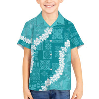 Hawaii Aloha Family Matching Off Shoulder Maxi Dress and Hawaiian Shirt Teal Quilt Patch Work Mix Plumeria Lei LT7 Son's Shirt Teal - Polynesian Pride