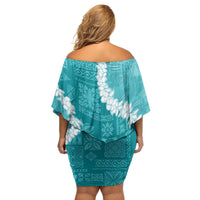 Hawaii Aloha Family Matching Off Shoulder Short Dress and Hawaiian Shirt Teal Quilt Patch Work Mix Plumeria Lei LT7 - Polynesian Pride