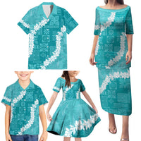 Hawaii Aloha Family Matching Puletasi and Hawaiian Shirt Teal Quilt Patch Work Mix Plumeria Lei LT7 - Polynesian Pride