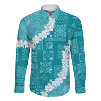 Hawaii Aloha Family Matching Summer Maxi Dress and Hawaiian Shirt Teal Quilt Patch Work Mix Plumeria Lei LT7 Dad's Shirt - Long Sleeve Teal - Polynesian Pride
