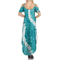 Hawaii Aloha Family Matching Summer Maxi Dress and Hawaiian Shirt Teal Quilt Patch Work Mix Plumeria Lei LT7 - Polynesian Pride
