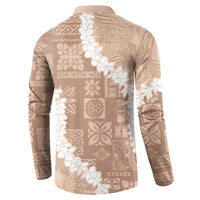 Hawaii Aloha Button Sweatshirt Beige Quilt Patch Work Mix Plumeria Lei