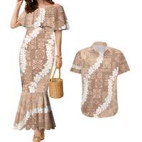 Hawaii Aloha Couples Matching Mermaid Dress and Hawaiian Shirt Beige Quilt Patch Work Mix Plumeria Lei LT7 Beige - Polynesian Pride