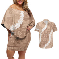 Hawaii Aloha Couples Matching Off Shoulder Short Dress and Hawaiian Shirt Beige Quilt Patch Work Mix Plumeria Lei LT7 Beige - Polynesian Pride
