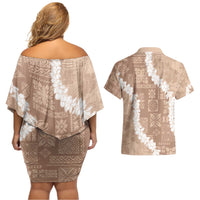 Hawaii Aloha Couples Matching Off Shoulder Short Dress and Hawaiian Shirt Beige Quilt Patch Work Mix Plumeria Lei LT7 - Polynesian Pride