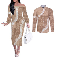Hawaii Aloha Couples Matching Off The Shoulder Long Sleeve Dress and Long Sleeve Button Shirt Beige Quilt Patch Work Mix Plumeria Lei LT7 Beige - Polynesian Pride