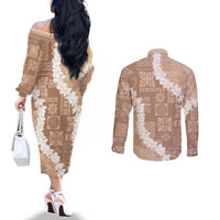 Hawaii Aloha Couples Matching Off The Shoulder Long Sleeve Dress and Long Sleeve Button Shirt Beige Quilt Patch Work Mix Plumeria Lei LT7 - Polynesian Pride
