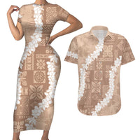 Hawaii Aloha Couples Matching Short Sleeve Bodycon Dress and Hawaiian Shirt Beige Quilt Patch Work Mix Plumeria Lei LT7 Beige - Polynesian Pride