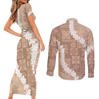 Hawaii Aloha Couples Matching Short Sleeve Bodycon Dress and Long Sleeve Button Shirt Beige Quilt Patch Work Mix Plumeria Lei LT7 - Polynesian Pride