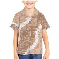 Hawaii Aloha Family Matching Mermaid Dress and Hawaiian Shirt Beige Quilt Patch Work Mix Plumeria Lei LT7 Son's Shirt Beige - Polynesian Pride
