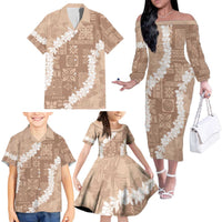 Hawaii Aloha Family Matching Off The Shoulder Long Sleeve Dress and Hawaiian Shirt Beige Quilt Patch Work Mix Plumeria Lei LT7 - Polynesian Pride
