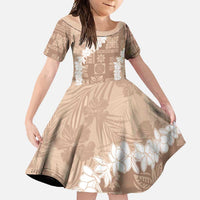 Hawaii Aloha Family Matching Off Shoulder Maxi Dress and Hawaiian Shirt Beige Quilt Patch Work Mix Plumeria Lei LT7 Daughter's Dress Beige - Polynesian Pride