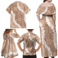 Hawaii Aloha Family Matching Off Shoulder Maxi Dress and Hawaiian Shirt Beige Quilt Patch Work Mix Plumeria Lei LT7 - Polynesian Pride