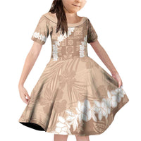 Hawaii Aloha Family Matching Off Shoulder Short Dress and Hawaiian Shirt Beige Quilt Patch Work Mix Plumeria Lei LT7 Daughter's Dress Beige - Polynesian Pride