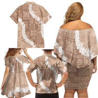 Hawaii Aloha Family Matching Off Shoulder Short Dress and Hawaiian Shirt Beige Quilt Patch Work Mix Plumeria Lei LT7 - Polynesian Pride