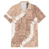 Hawaii Aloha Family Matching Off Shoulder Short Dress and Hawaiian Shirt Beige Quilt Patch Work Mix Plumeria Lei LT7 Dad's Shirt - Short Sleeve Beige - Polynesian Pride