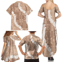 Hawaii Aloha Family Matching Summer Maxi Dress and Hawaiian Shirt Beige Quilt Patch Work Mix Plumeria Lei LT7 - Polynesian Pride