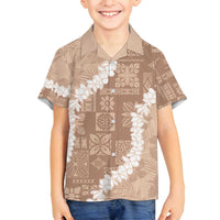 Hawaii Aloha Family Matching Summer Maxi Dress and Hawaiian Shirt Beige Quilt Patch Work Mix Plumeria Lei LT7 Son's Shirt Beige - Polynesian Pride