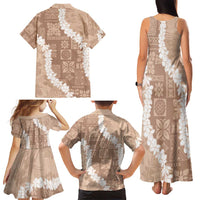 Hawaii Aloha Family Matching Tank Maxi Dress and Hawaiian Shirt Beige Quilt Patch Work Mix Plumeria Lei LT7 - Polynesian Pride