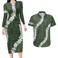 Hawaii Aloha Couples Matching Long Sleeve Bodycon Dress and Hawaiian Shirt Sage Quilt Patch Work Mix Plumeria Lei LT7 Sage - Polynesian Pride