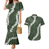 Hawaii Aloha Couples Matching Mermaid Dress and Hawaiian Shirt Sage Quilt Patch Work Mix Plumeria Lei LT7 Sage - Polynesian Pride