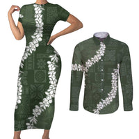 Hawaii Aloha Couples Matching Short Sleeve Bodycon Dress and Long Sleeve Button Shirt Sage Quilt Patch Work Mix Plumeria Lei LT7 Sage - Polynesian Pride