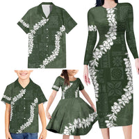 Hawaii Aloha Family Matching Long Sleeve Bodycon Dress and Hawaiian Shirt Sage Quilt Patch Work Mix Plumeria Lei LT7 - Polynesian Pride
