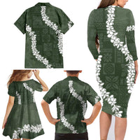 Hawaii Aloha Family Matching Long Sleeve Bodycon Dress and Hawaiian Shirt Sage Quilt Patch Work Mix Plumeria Lei LT7 - Polynesian Pride