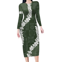Hawaii Aloha Family Matching Long Sleeve Bodycon Dress and Hawaiian Shirt Sage Quilt Patch Work Mix Plumeria Lei LT7 Mom's Dress Sage - Polynesian Pride