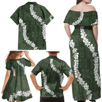 Hawaii Aloha Family Matching Off Shoulder Maxi Dress and Hawaiian Shirt Sage Quilt Patch Work Mix Plumeria Lei LT7 - Polynesian Pride