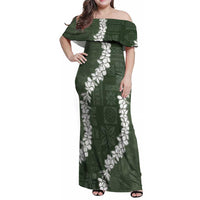 Hawaii Aloha Family Matching Off Shoulder Maxi Dress and Hawaiian Shirt Sage Quilt Patch Work Mix Plumeria Lei LT7 Mom's Dress Sage - Polynesian Pride