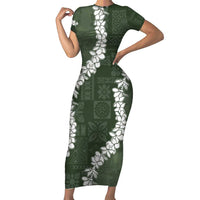 Hawaii Aloha Family Matching Short Sleeve Bodycon Dress and Hawaiian Shirt Sage Quilt Patch Work Mix Plumeria Lei LT7 Mom's Dress Sage - Polynesian Pride