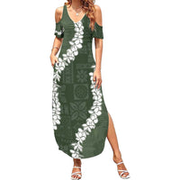 Hawaii Aloha Family Matching Summer Maxi Dress and Hawaiian Shirt Sage Quilt Patch Work Mix Plumeria Lei LT7 Mom's Dress Sage - Polynesian Pride