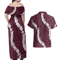 Hawaii Aloha Couples Matching Off Shoulder Maxi Dress and Hawaiian Shirt Champange Quilt Patch Work Mix Plumeria Lei LT7 - Polynesian Pride