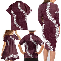 Hawaii Aloha Family Matching Long Sleeve Bodycon Dress and Hawaiian Shirt Champange Quilt Patch Work Mix Plumeria Lei LT7 - Polynesian Pride