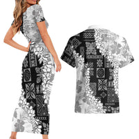 Hawaii Aloha Couples Matching Short Sleeve Bodycon Dress and Hawaiian Shirt White Quilt Patch Work Mix Plumeria Lei LT7 - Polynesian Pride
