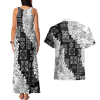 Hawaii Aloha Couples Matching Tank Maxi Dress and Hawaiian Shirt White Quilt Patch Work Mix Plumeria Lei LT7 - Polynesian Pride