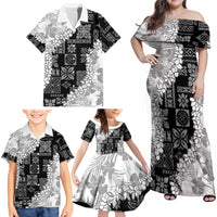 Hawaii Aloha Family Matching Off Shoulder Maxi Dress and Hawaiian Shirt White Quilt Patch Work Mix Plumeria Lei LT7 - Polynesian Pride