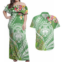 Aloha Molokai Island Couples Matching Off Shoulder Maxi Dress and Hawaiian Shirt Hawaii Pua Kukui LT7 Green - Polynesian Pride