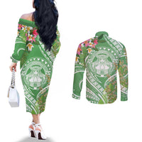 Aloha Molokai Island Couples Matching Off The Shoulder Long Sleeve Dress and Long Sleeve Button Shirt Hawaii Pua Kukui LT7 - Polynesian Pride
