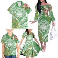 Aloha Molokai Island Family Matching Off The Shoulder Long Sleeve Dress and Hawaiian Shirt Hawaii Pua Kukui LT7 Green - Polynesian Pride