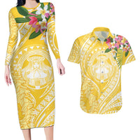 Aloha Hawaii Oahu Couples Matching Long Sleeve Bodycon Dress and Hawaiian Shirt Wahine with Ilima Lei LT7 Yellow - Polynesian Pride