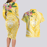 Aloha Hawaii Oahu Couples Matching Long Sleeve Bodycon Dress and Hawaiian Shirt Wahine with Ilima Lei LT7 - Polynesian Pride