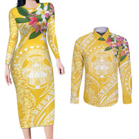 Aloha Hawaii Oahu Couples Matching Long Sleeve Bodycon Dress and Long Sleeve Button Shirt Wahine with Ilima Lei LT7 Yellow - Polynesian Pride
