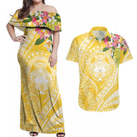 Aloha Hawaii Oahu Couples Matching Off Shoulder Maxi Dress and Hawaiian Shirt Wahine with Ilima Lei LT7 Yellow - Polynesian Pride