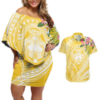 Aloha Hawaii Oahu Couples Matching Off Shoulder Short Dress and Hawaiian Shirt Wahine with Ilima Lei LT7 Yellow - Polynesian Pride