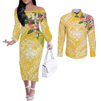 Aloha Hawaii Oahu Couples Matching Off The Shoulder Long Sleeve Dress and Long Sleeve Button Shirt Wahine with Ilima Lei LT7 Yellow - Polynesian Pride