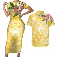 Aloha Hawaii Oahu Couples Matching Short Sleeve Bodycon Dress and Hawaiian Shirt Wahine with Ilima Lei LT7 Yellow - Polynesian Pride