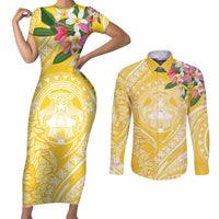 Aloha Hawaii Oahu Couples Matching Short Sleeve Bodycon Dress and Long Sleeve Button Shirt Wahine with Ilima Lei LT7 Yellow - Polynesian Pride